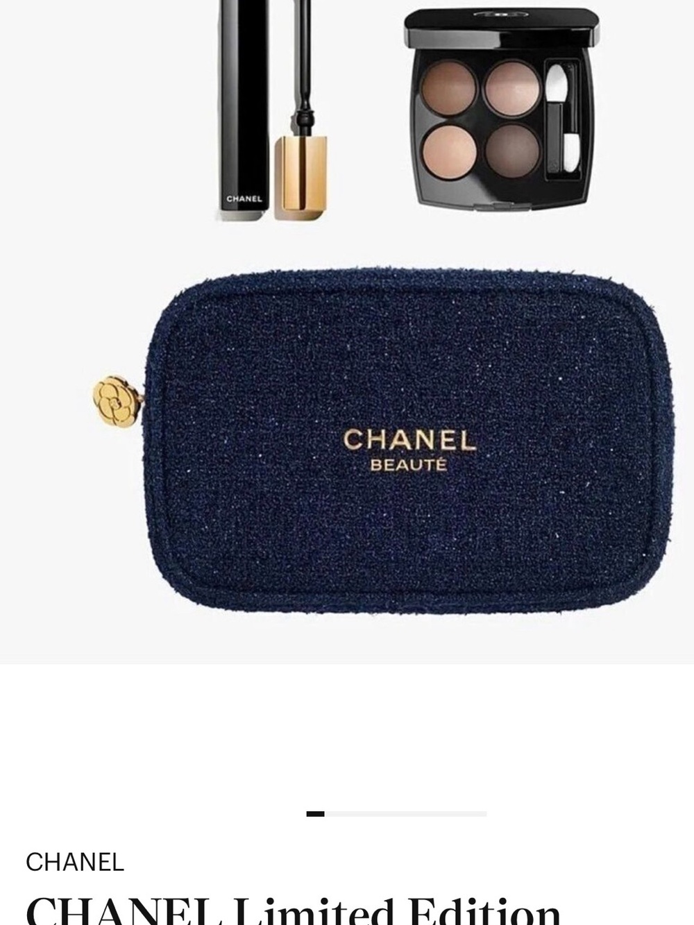 CHANEL Navy Tweed Cosmetic Pouch with Gold Logo
